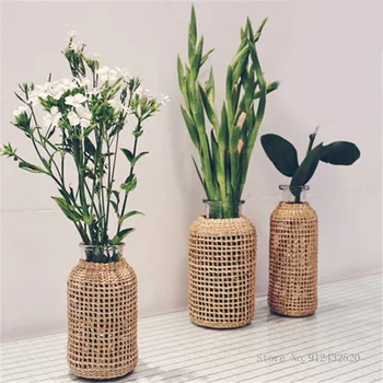 Ратанови слама суха стъклена ваза Японската креативна ваза може да е водно растение за дома, хол, спалня, бижута, ваза, терариум
